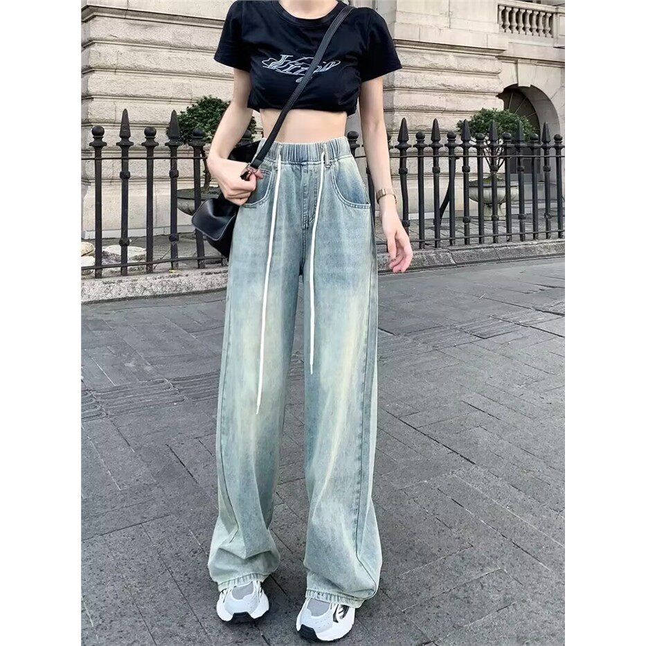 美式复古牛仔裤女秋季抽绳设计感直筒垂感拖地长裤宽松阔腿裤子潮