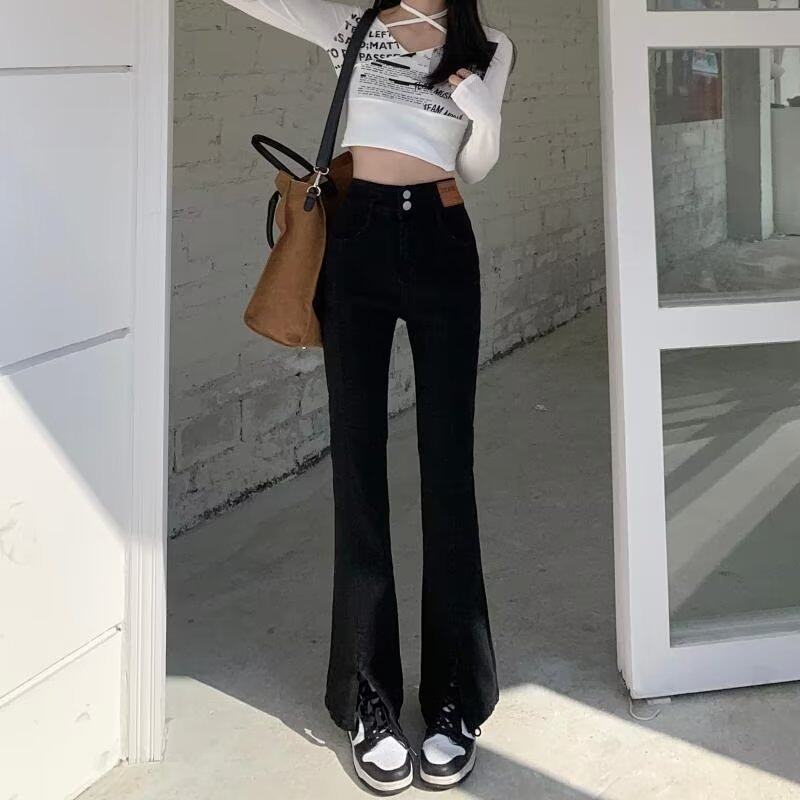 黑色微喇叭开叉牛仔裤女高腰2024年春夏季新款弹力显瘦裤子ins潮