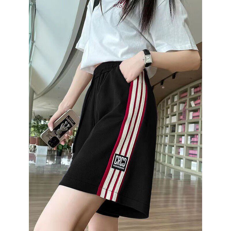 大码三条杠运动短裤女夏季宽松显瘦胖mm休闲阔腿五分裤子直筒中裤