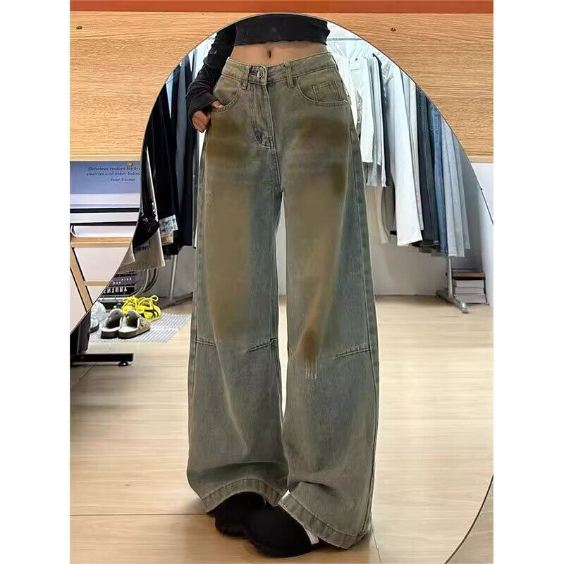 美式复古脏染水洗做旧阔腿牛仔裤女春季新款小众高腰显瘦直筒长裤