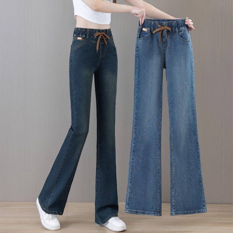 复古松紧腰微喇牛仔裤女小个子2026年春季新款大码高腰显瘦喇叭裤