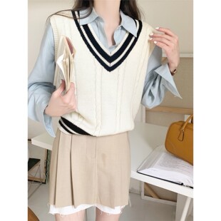 学院风撞色V领针织马甲女早春新款2026叠穿坎肩无袖毛衣背心外搭