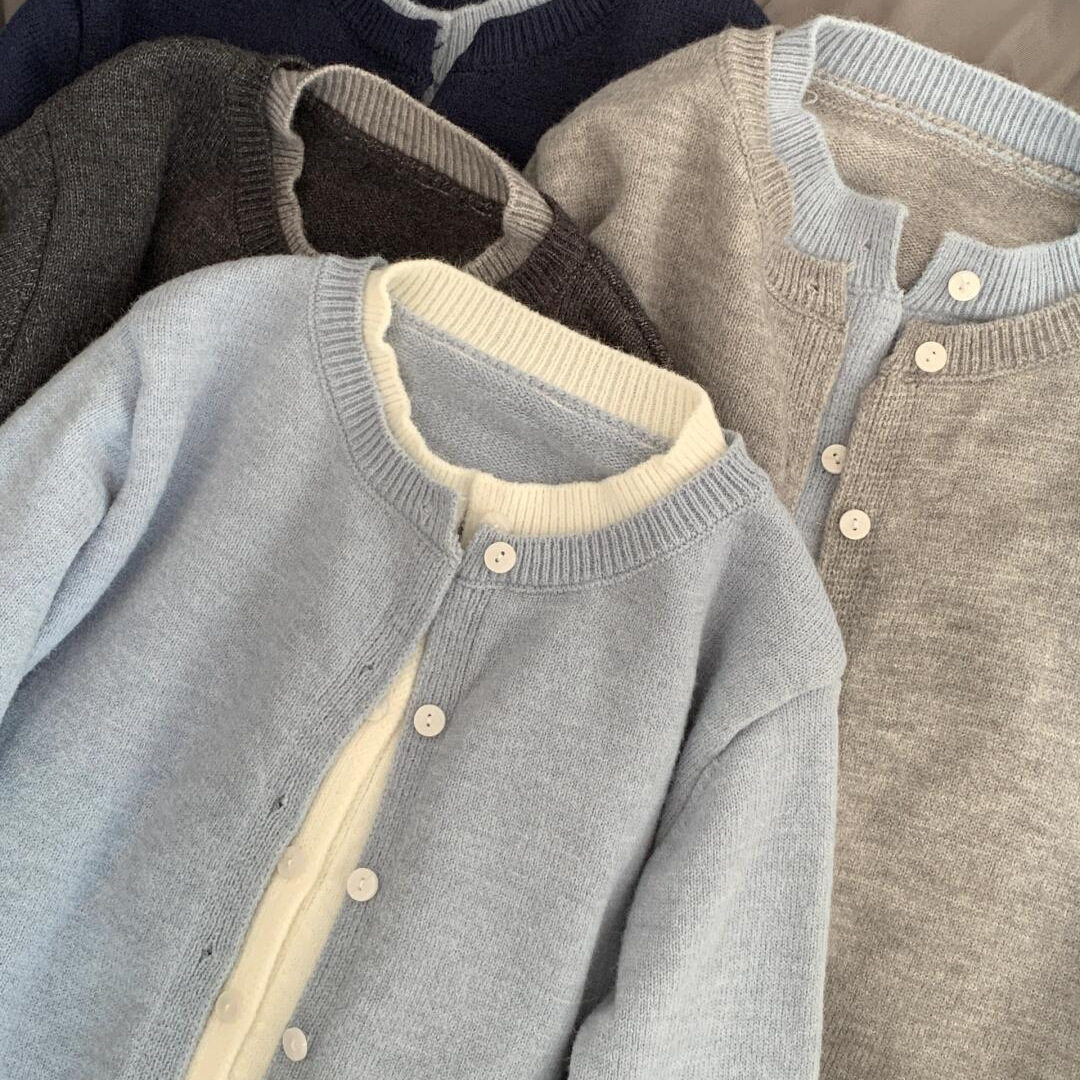 韩系深秋chic撞色假两件灰色针织开衫外套女慵懒高级外搭毛衣上衣