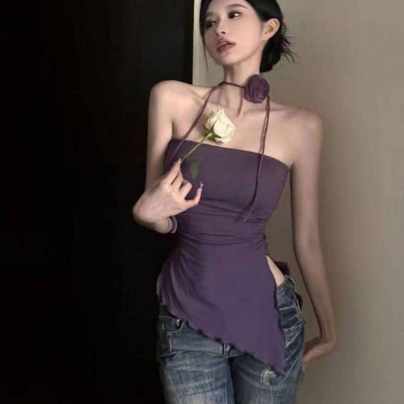 辣妹紫色花朵挂脖吊带背心女夏季新款内搭胸垫修身不规则抹胸上衣