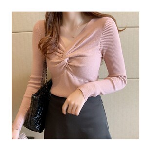 2026秋冬装新款扭结设计修身羊毛针织衫女v领上衣内搭毛衣打底衫