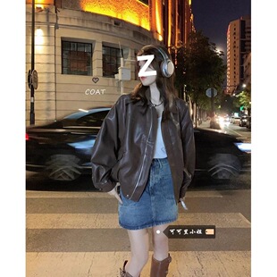 复古美式 甜酷风机车服宽松上衣女 咖色皮衣夹克外套女2026秋冬新款