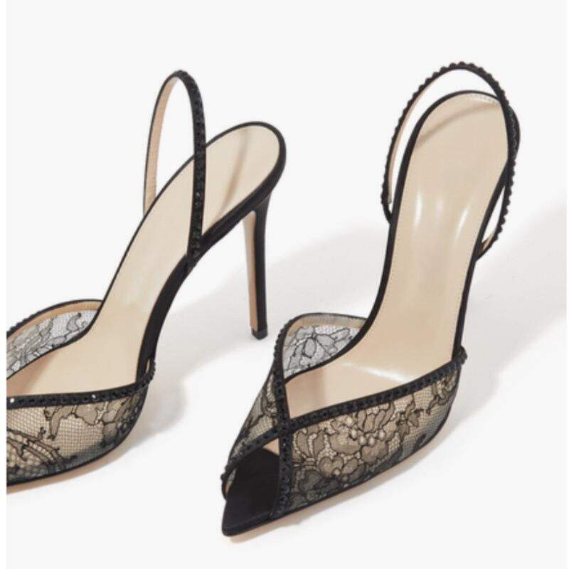 欧美时装凉鞋尖头黑色蕾丝细跟女鞋大码sandals women 45仿皮