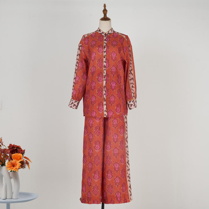 新款现货2025度假伊卡扎染图案立领衬衫松紧腰抽绳长裤套装女