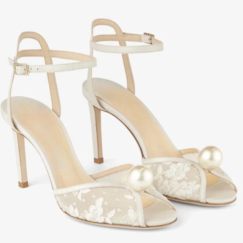 欧美高跟凉鞋圆头白色蕾丝珍珠细跟女婚宴鞋wedding shoes women