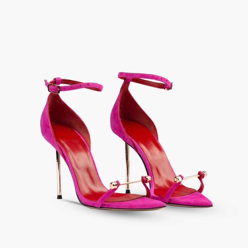 欧美时装凉鞋尖头金属扣玫红金色跟走秀高跟鞋woman heels女