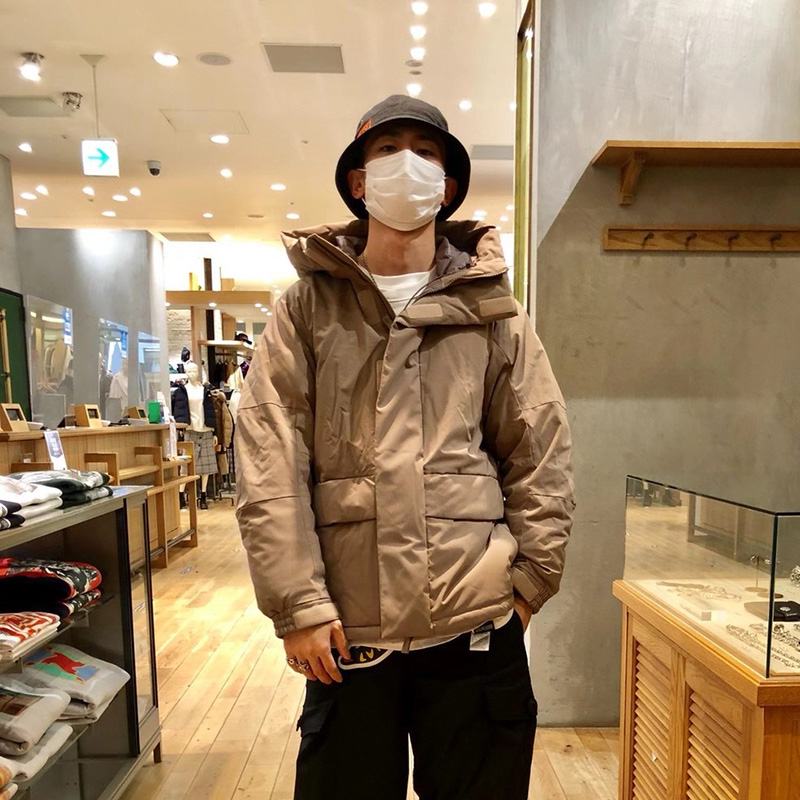 Beams 21AW日系宽松立领连帽中长款外套 90白鸭绒防寒保暖羽绒服