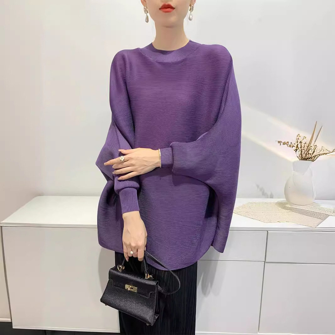 褶皱秋季新款宽松大码褶皱衣服女上衣蝙蝠袖T恤牙签褶东