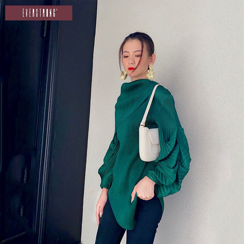 春秋新款时尚休闲女装上衣气质个性不规则披肩泡泡长袖纯色上衣女