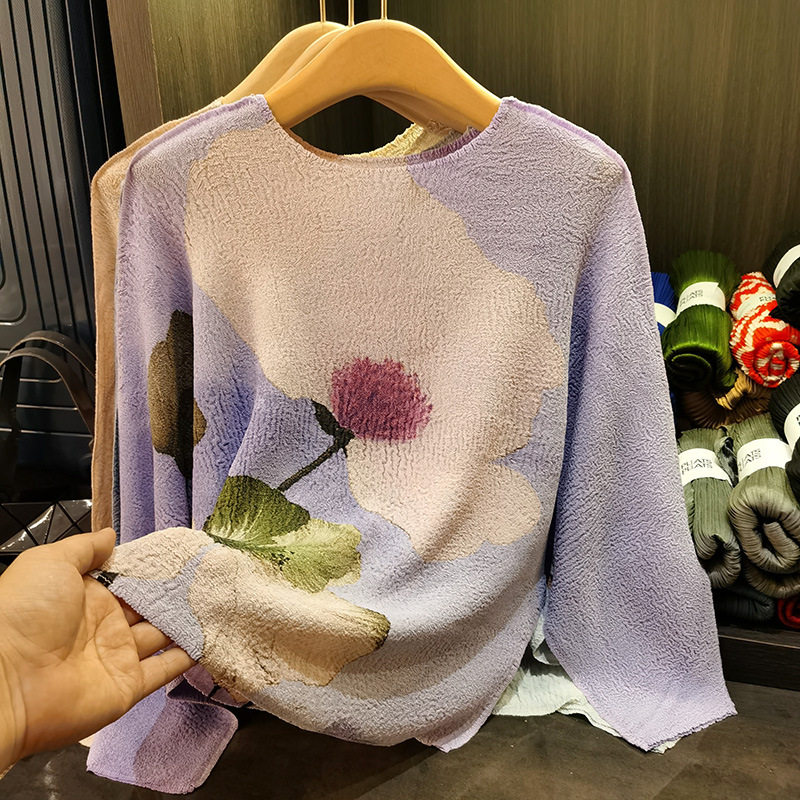 高级感垂坠褶皱气质上衣女圆领宽松大码印花蝙蝠袖薄款T
