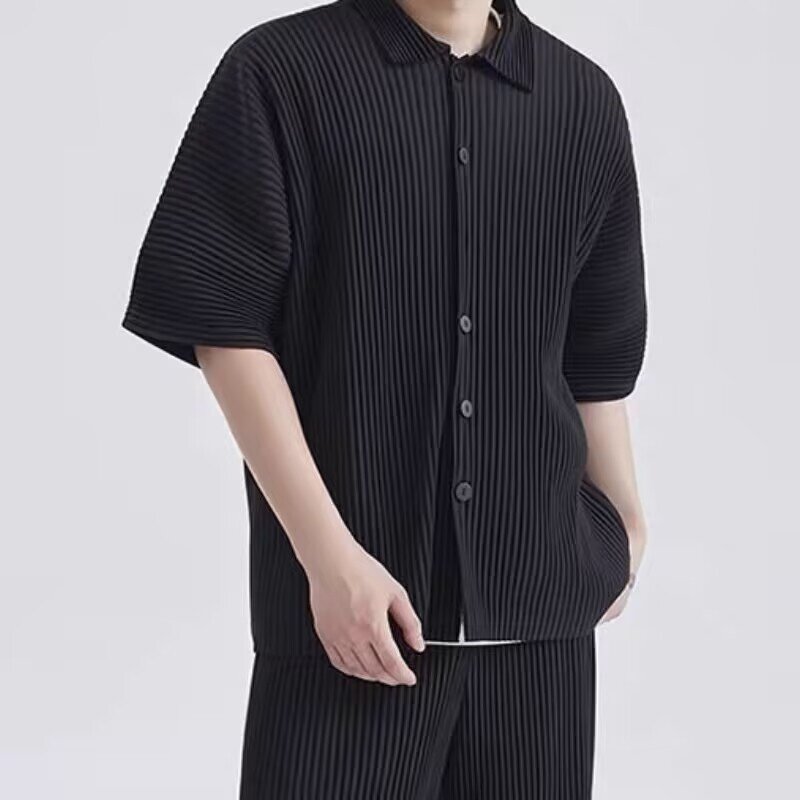 三宅风褶皱短袖衬衫压褶垂坠感翻领宽松休闲外套男夏