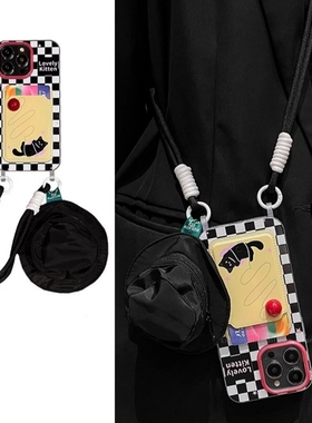 棋盘格可爱猫适用三星s24ultra手机壳s23+新款s20fe斜挎a12背带a03core女a16带挂绳a24零钱包a35创意a54卡包