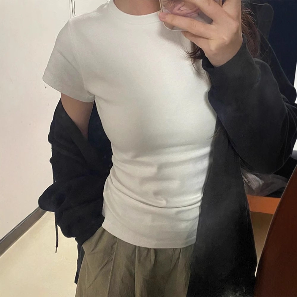 2026新款上衣弹力修身正肩白色短袖t恤女体恤显瘦螺纹针织打底衫