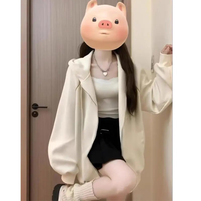 小个子港风复古hiphop潮流开衫卫衣女宽松慵懒风连帽加绒拉链外套