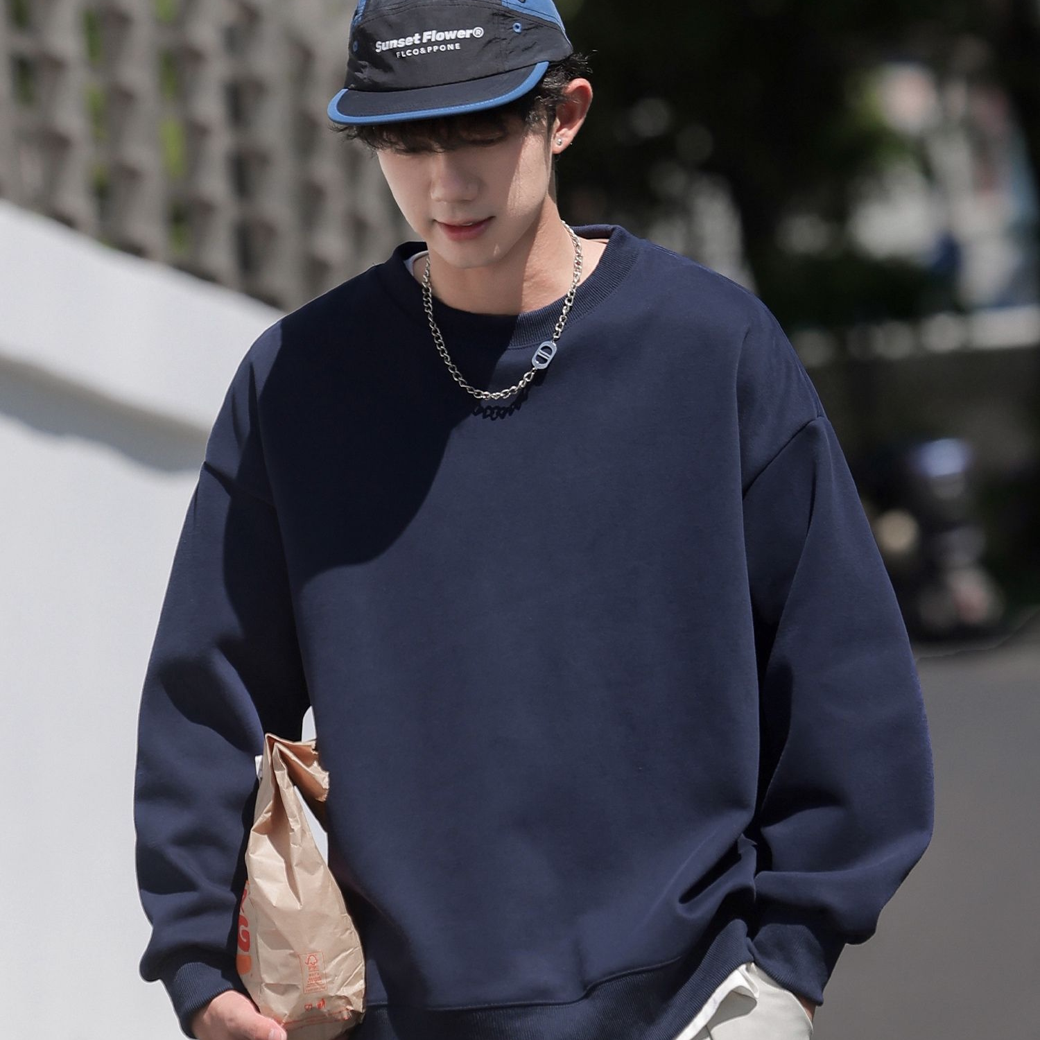 重磅美式复古cleanfit简约无帽圆领情侣卫衣秋冬男士字母宽松外套