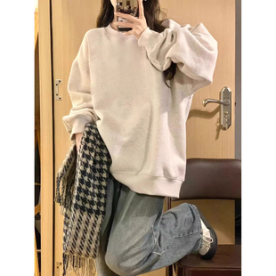 重磅休闲圆领卫衣百搭宽松纯色厚实不透美式加绒长袖T恤打底衫女