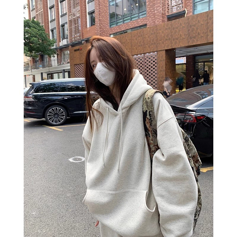 重磅加绒加厚银狐绒卫衣女秋冬款oversize慵懒风宽松连帽外套ins