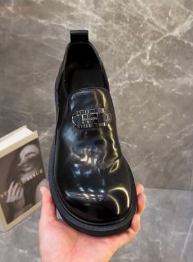 63322-6广州经典百搭商务亮面大头休闲皮鞋一脚蹬懒人舒适纯皮鞋