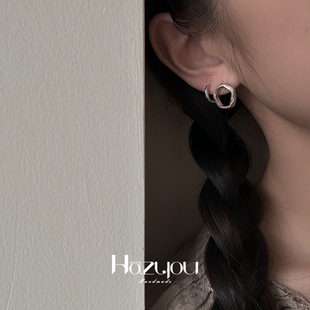 Hazyou「不规则黑洞」原创手工S990纯银哑光做旧肌理耳钉耳环男女