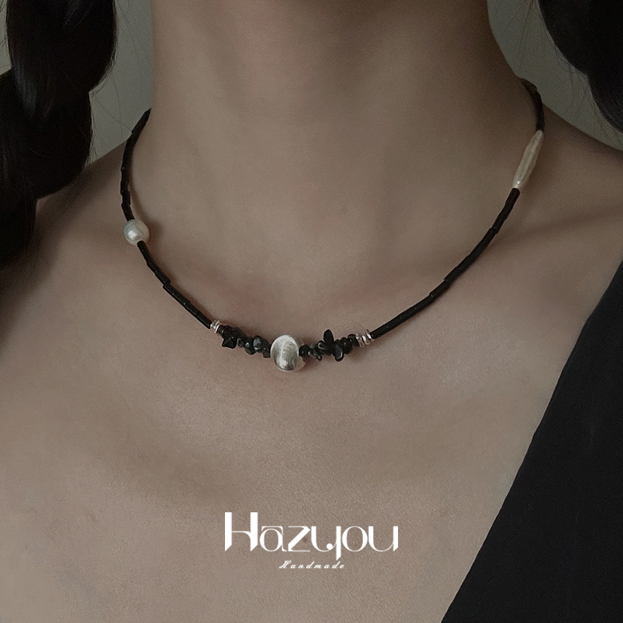 Hazyou「四月」原创小众设计S925银天然石黑玛瑙珍珠手工串珠项链
