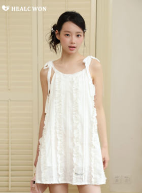 healcwon原创芭蕾少女绑带蝴蝶结白色挂脖连衣裙短款小个子韩系
