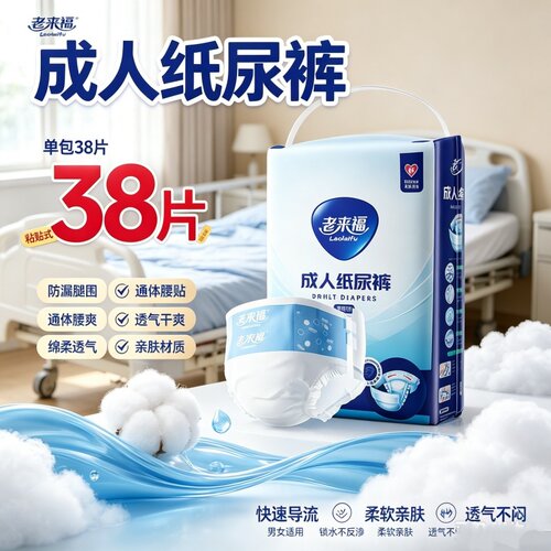 老来福搭扣式纸尿裤M/L/XXL码老人用尿不湿整箱装防漏透气干爽