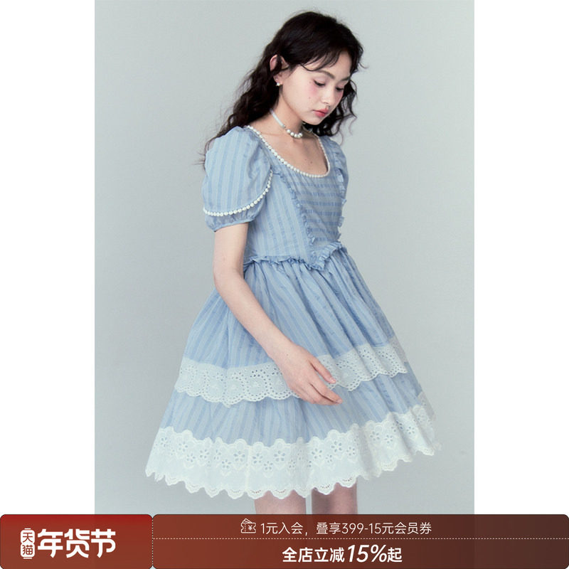 DIDDI 原创设计 假两件花瓣袖白色清纯连衣裙层次感花边公主裙