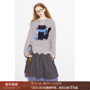 DIDDIMODA线团围巾猫咪仿貂绒刺绣圆领宽松提花圆领毛衣女秋冬