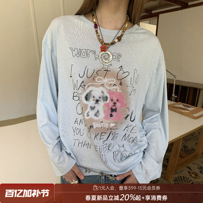 DIDDIMODA宽松好看时尚潮流印花小狗贴贴长袖t恤女薄款夏