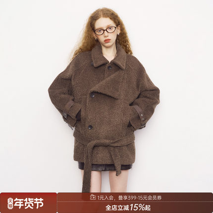 DIDDI MODA皮袢双排扣立领短款毛呢大衣小个子优雅百搭秋冬外套女