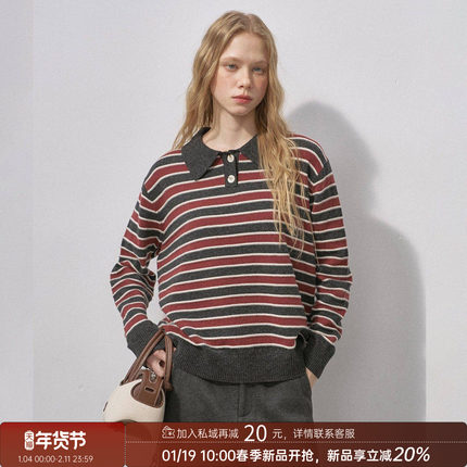 DIDDI MODA新款棉羊毛条纹休闲翻领女款polo领针织套头衫打底内搭