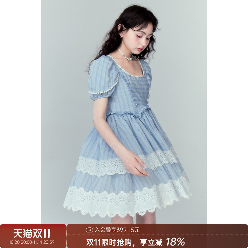 DIDDI 原创设计 假两件花瓣袖白色清纯连衣裙层次感花边公主裙