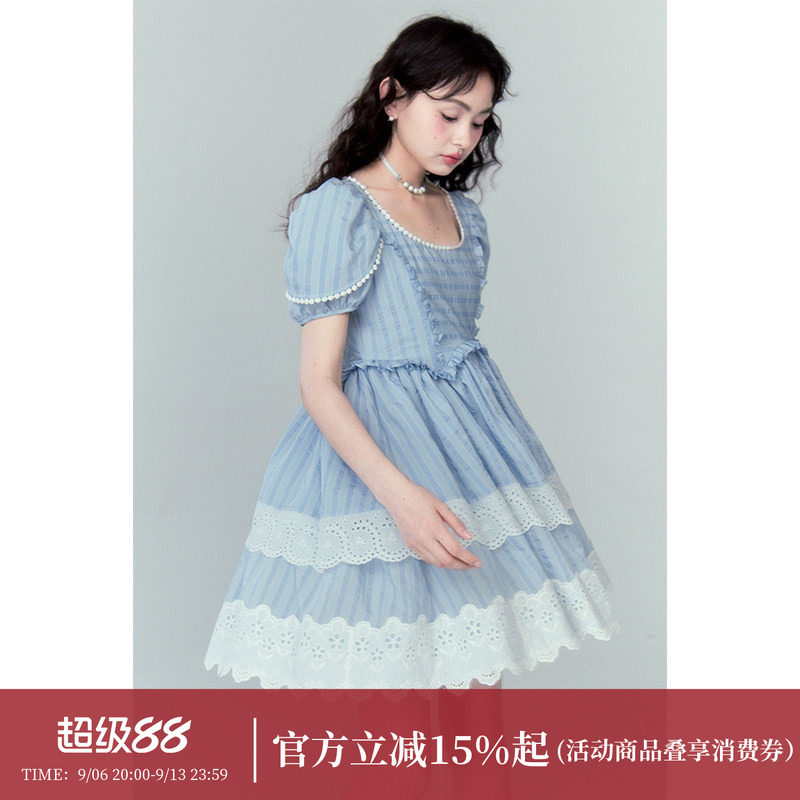 DIDDI 原创设计 假两件花瓣袖白色清纯连衣裙层次感花边公主裙