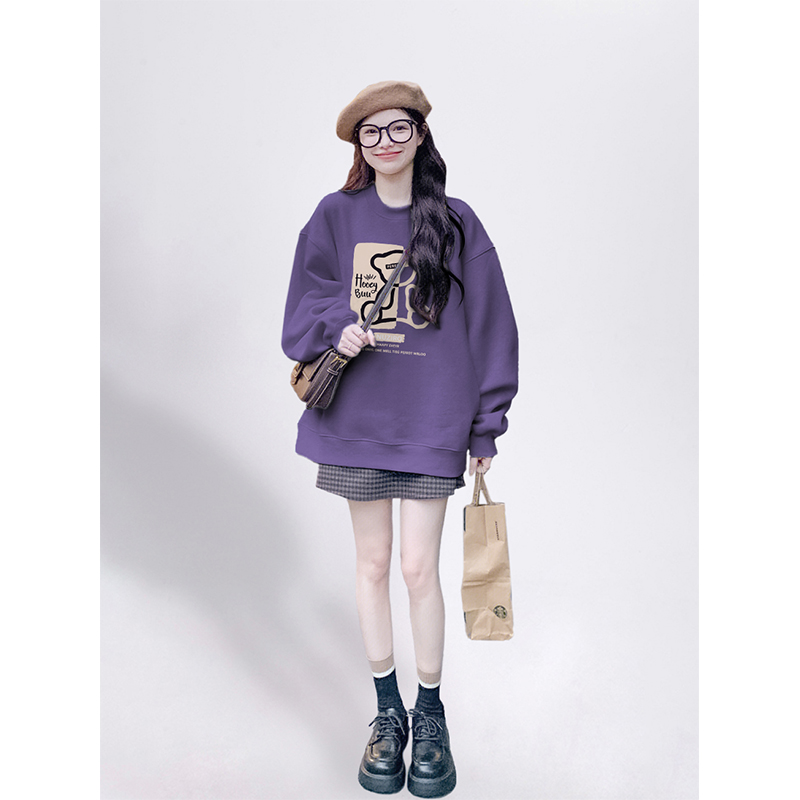 美式复古紫色圆领卫衣加绒加厚女