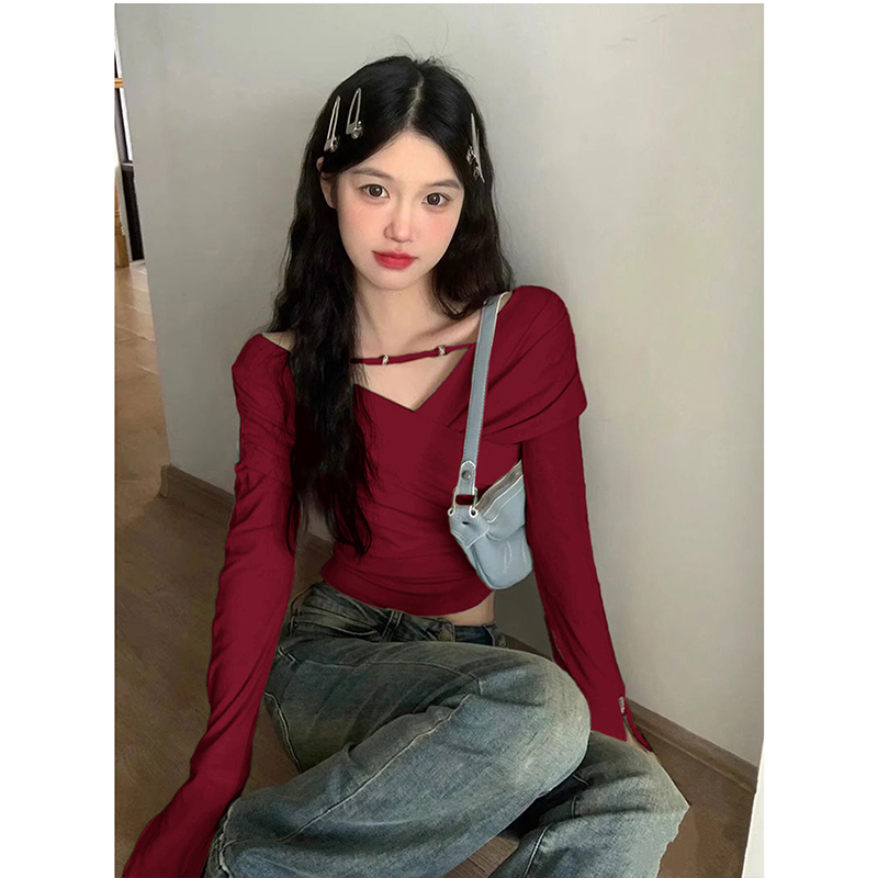 酒红色假两件长袖女早春2025新款