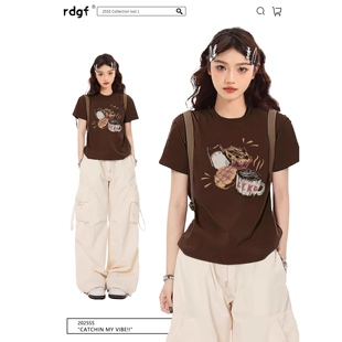 正肩短款 棕色短袖 复古甜辣jazz夏日收腰修身 t恤女夏季 小上衣 美式