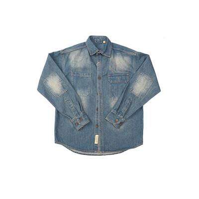 硬挺有型美式复古做旧磨白水洗工装衬衫肘部补丁宽松牛仔衬衣