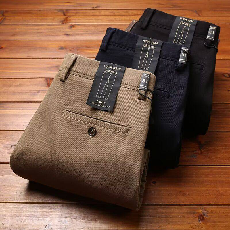 秋冬新款粗棉质斜纹休闲裤欧美简约卡其色宽松直筒商务裤男