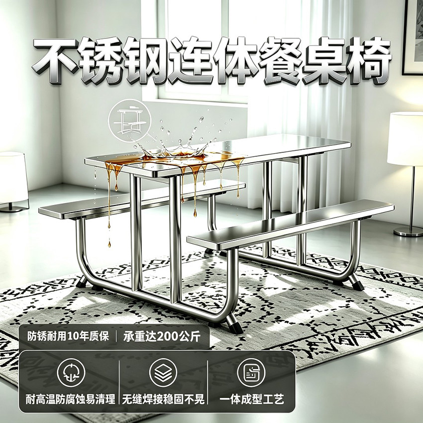 不锈钢连体学校工厂食堂餐桌椅快餐小吃美食店室外一体餐桌椅组合
