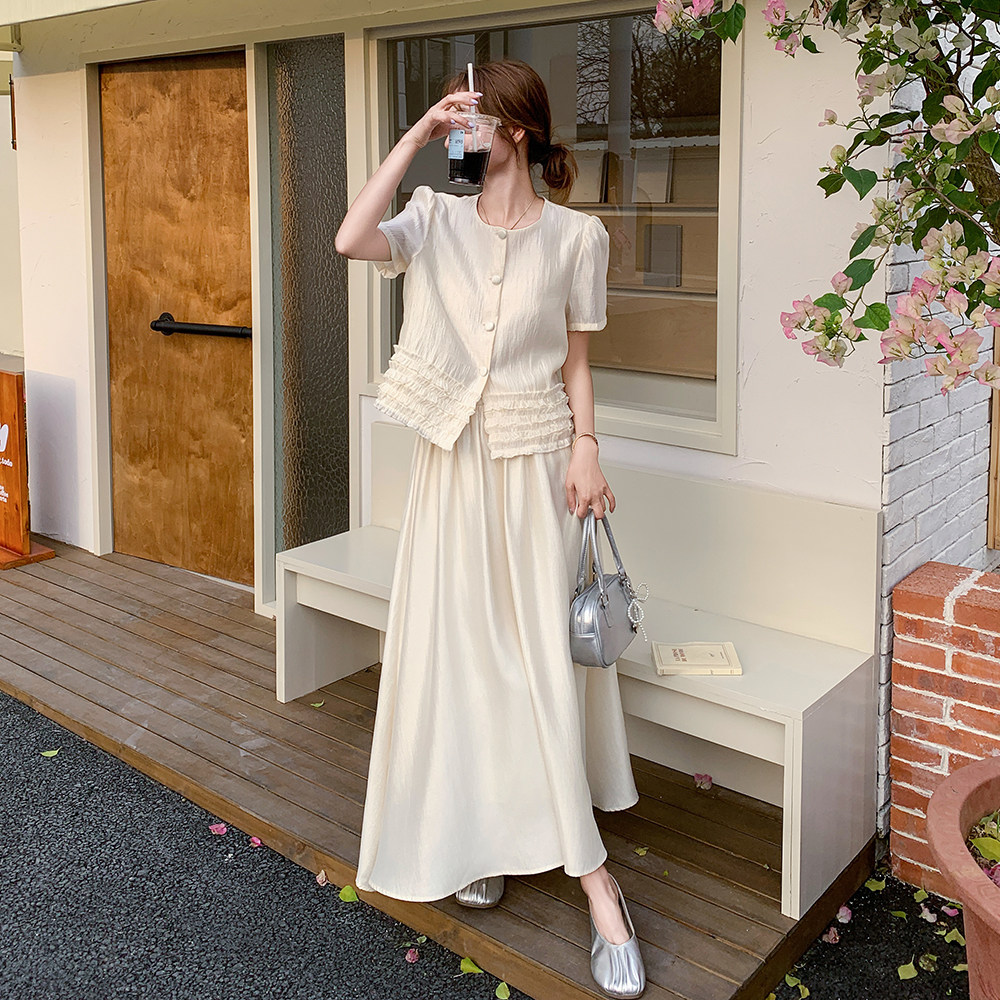 杏色韩系淑女气质套装女2025初夏新款木耳边短袖外套半身裙两件套