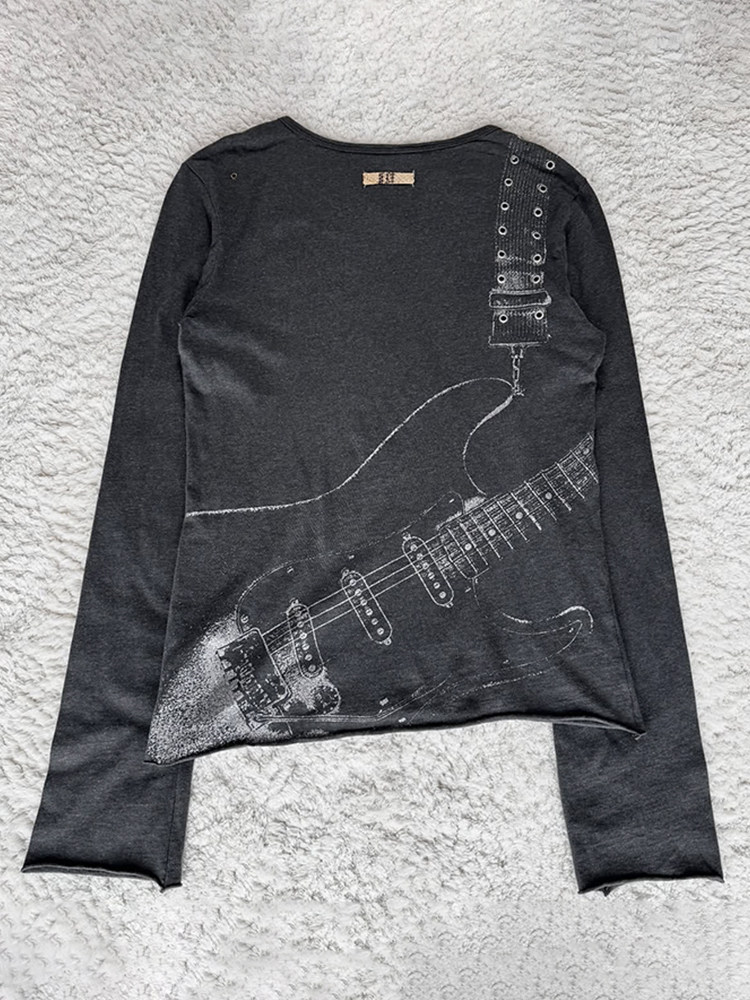 thumbnail for IfSixWasNine00SS Visual Department Rock Punk Style T-Shirt Guitar Print Long Sleeve T-Shirt Unisex