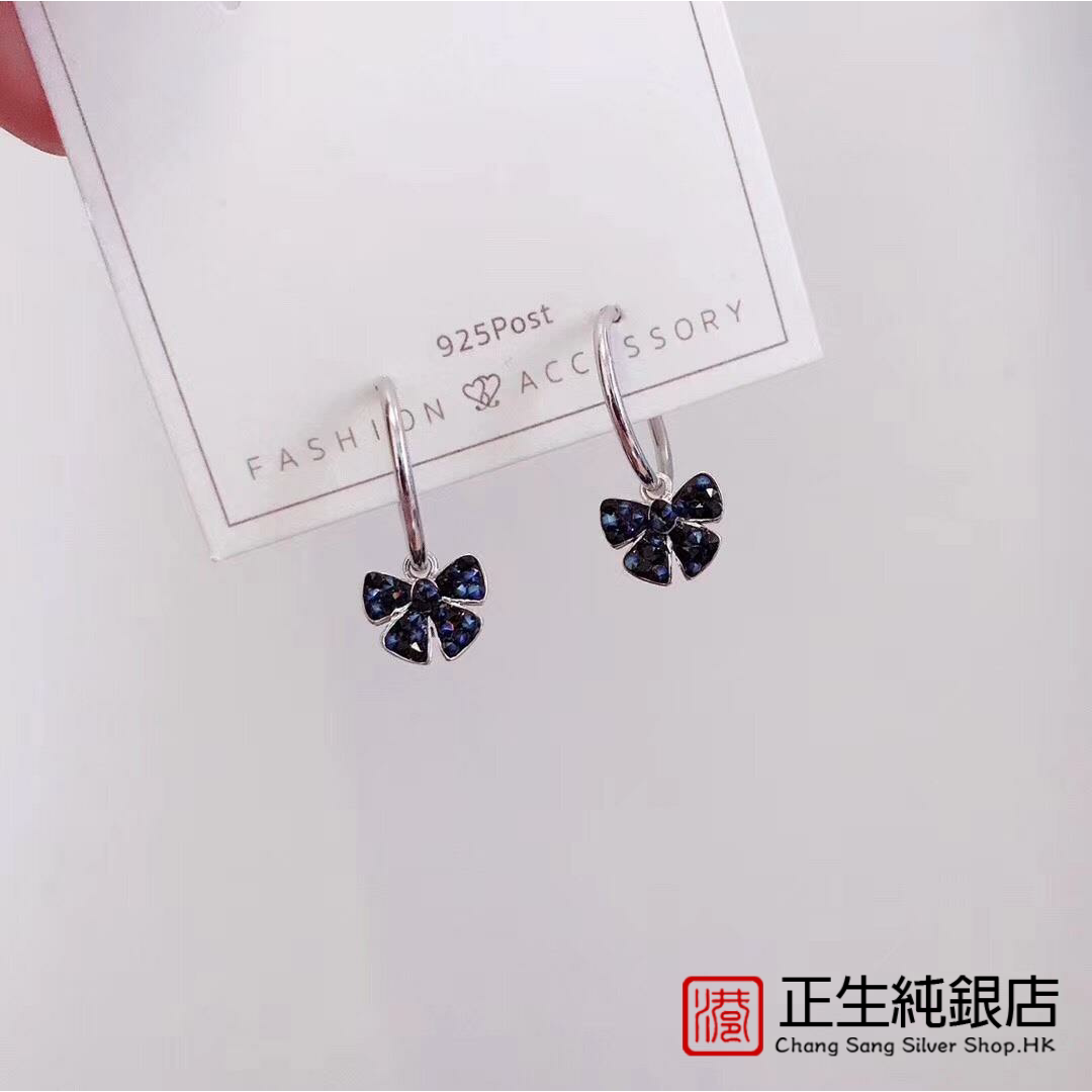 香港正生s925纯银蓝钻蝴蝶结耳环防小清新时尚气质女学生礼物