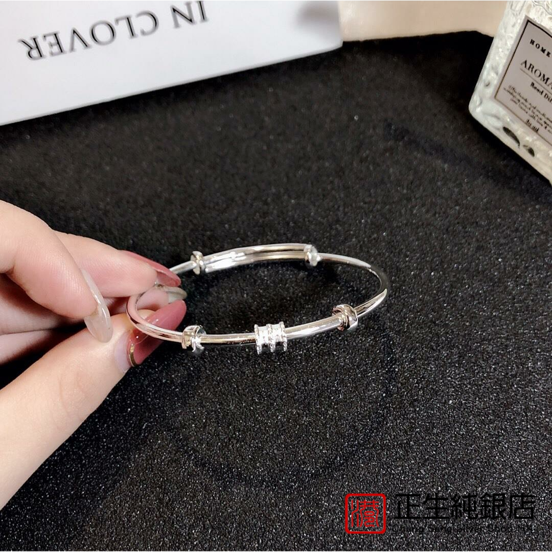 香港正生纯银s999足银韩版小蛮腰推拉手镯简约时尚百搭学生森系女