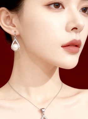香港正生纯银S925纯银天然淡水珍珠耳环项链套装气质高雅送妈妈银