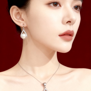 香港正生纯银S925纯银天然淡水珍珠耳环项链套装气质高雅送妈妈银