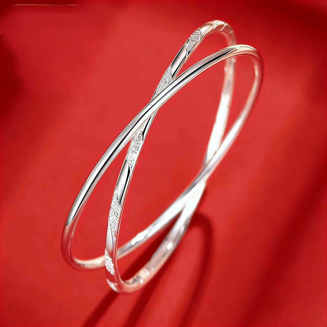 香港正生纯银9999足银双环光纱莫比乌斯环银手镯情人节送女友礼物